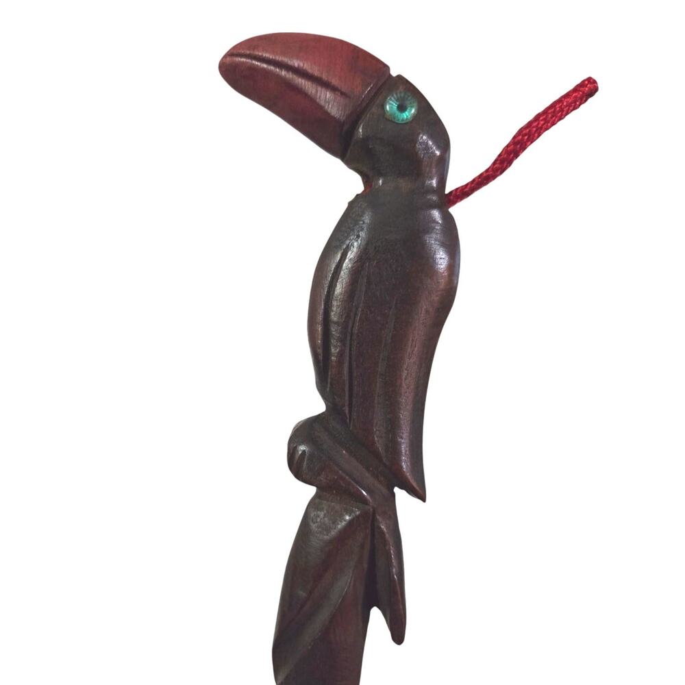 Vintage Hand Carved Toucan Bird Shoe Horn Hand Painted Dark Wood Hanging